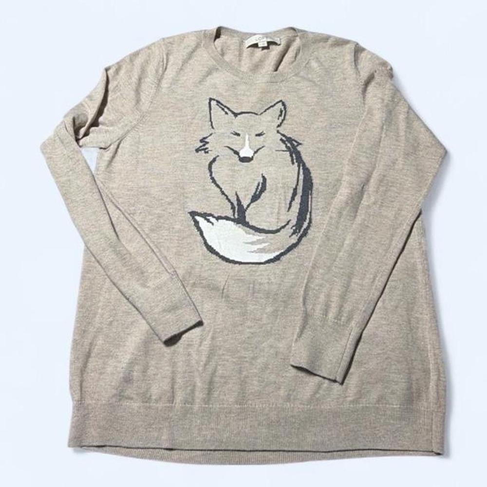 Loft Women's Fox Print Pullover Sweater Large Tan Preppy School Wildlife Lover